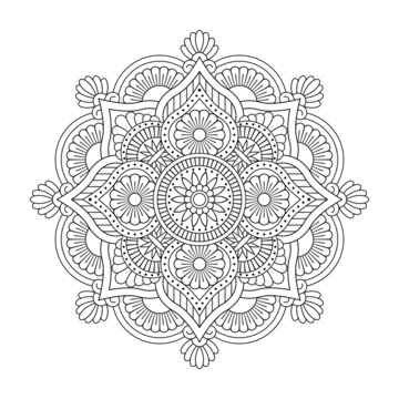 Isolated black mandala in vector. Round flower line unpainted pattern. Vintage monochrome element for coloring pages and design