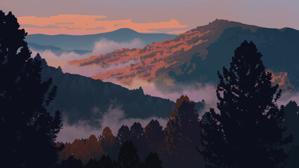 A digital illustration of the out-breathing coniferous mountain with colourful brushstroke technique under a beautiful sunset sky scenery.