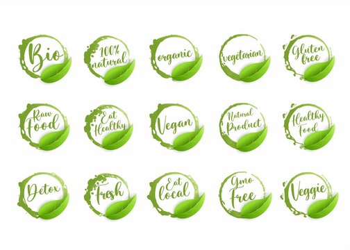 Set of bio, organic, gluten free, eco, healthy food labels. Hand drawn logo templates.
