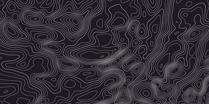 Topographic line map pattern. Contour elevation topographic and textured Background of geographic grid for hiking and mountain sports. White on black. Vector illustration