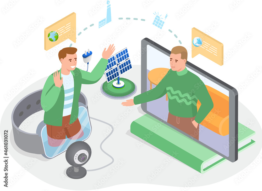 Poster man communicates with friend online. virtual meeting or group video communication. chatting of chara