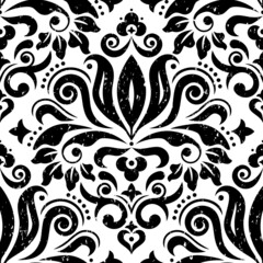 Retro Damask wallpaper or fabric print vector seamless pattern in black, scratched textile vector design with flowers, leaves and swirls
