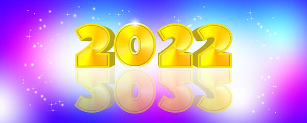 Bright multicolor starry festive new year glowing poster or banner. 3d golden numbers 2022 with shadows and reflection