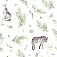 Winter woodland seamless pattern for fabric, Watercolor forest animals seamless digital paper, Natural Christmas repeat pattern for nursery decor, textile, wrapping paper, christmas gifts