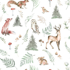 Winter woodland seamless pattern for fabric, Watercolor forest animals seamless digital paper, Natural Christmas repeat pattern for nursery decor, textile, wrapping paper, christmas gifts - 461031091