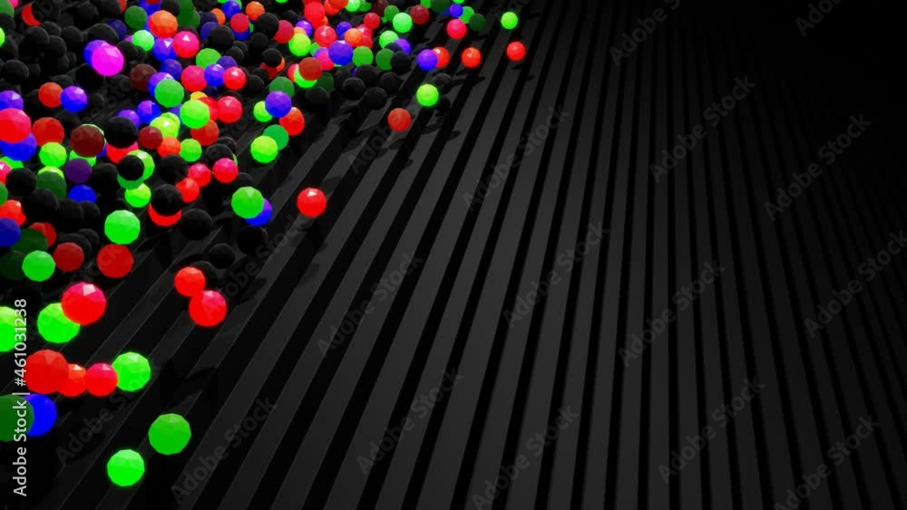 Poster spheres or balls fall down on steps bounce off stair and roll down light up and form pattern. sphere