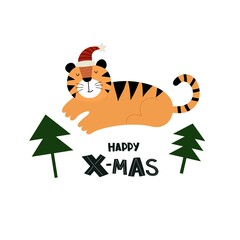 Fototapeta na wymiar happy xmas. Cartoon tiger, hand drawing lettering. holiday theme. Colorful vector illustration, flat style. design for greeting cards, print, poster