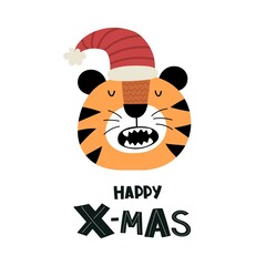 happy xmas. Cartoon tiger, hand drawing lettering. holiday theme. Colorful vector illustration, flat style. design for greeting cards, print, poster