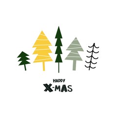 happy xmas. Cartoon tree, hand drawing lettering. holiday theme. Colorful vector illustration, flat style. design for greeting cards, print, poster