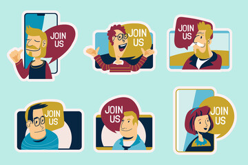 Set of Join us Sticker style with Characters Illustration