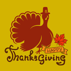 Happy Thanksgiving day poster template with turkey and autumn leaves. Vector illustration