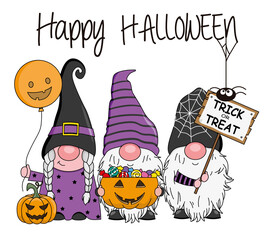 Halloween card. Three gnomes with candy, pumpkin and trick or treat card. Isolated vector
