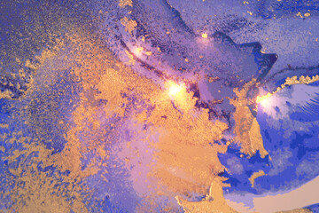 Gold, light blue and purple abstract marble background with sparkles. Vector texture in alcohol ink technique with glitter. Template for banner, poster design. Fluid art painting