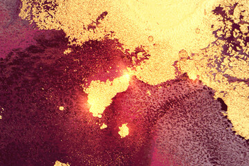 Gold, maroon and purple abstract marble background with sparkles. Vector texture in alcohol ink technique with glitter. Template for banner, poster design. Fluid art painting