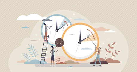 Daylight saving time and change clock to one hour back tiny person concept. Fall back and turn spring forward season switch reminder scene vector illustration. Wintertime and summertime watch settings