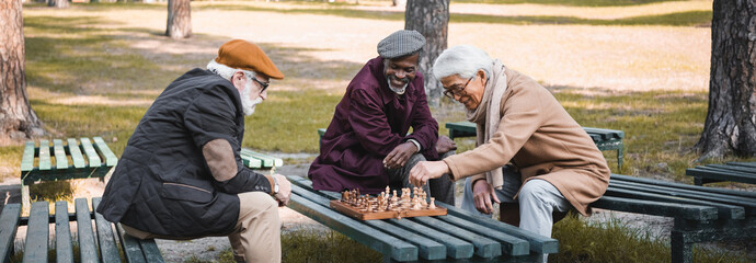 Smiling interracial men playing chess in autumn park, banner