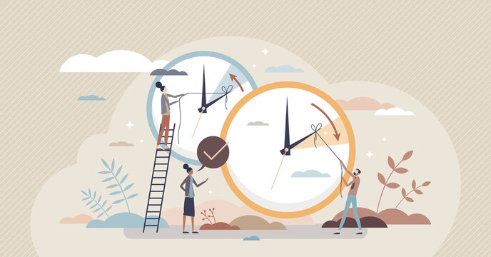 Daylight saving time and change clock to one hour back tiny person concept. Fall back and turn spring forward season switch reminder scene vector illustration. Wintertime and summertime watch settings