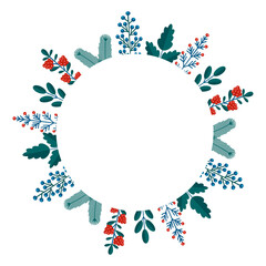 Merry Christmas floral round frame with winter plants frame - wreath in flat style. Illustrations with botanical symbols of holiday - pine, leaves, cone, berry in red, green colors.