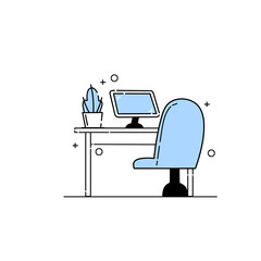 Office furniture. Table with computer, chair and potted plant. Interior of the working room. Outline Workspace