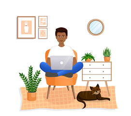 Fototapeta premium Man is sitting on a chair at home at a laptop computer. Remote work, office at home, programming, freelance. Study at home in quarantine. Vector illustration. Cozy interior with a cat.