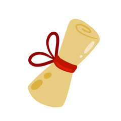 Scroll. Twisted piece of paper. Retro object with a bow. Flat cartoon illustration isolated on white background. Ancient manuscript or document on parchment