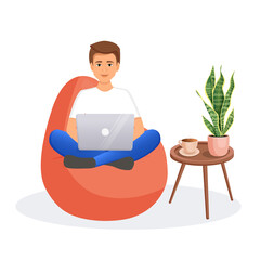 Man sits on a bean bag chair and works at a computer. Remote work, office at home, programming, freelance. Study at home in quarantine. Vector illustration.