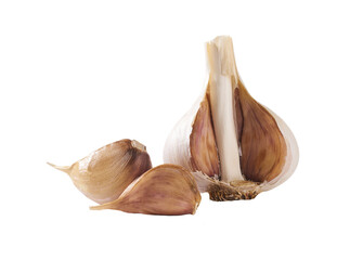 Garlic cloves and bulbs isolated on white background, full depth of field.