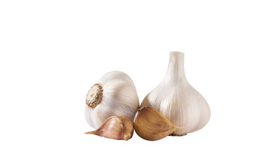 Organic garlic cloves and bulbs isolated on white background.
