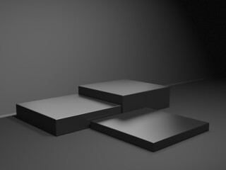 Black stand podium on dark background. Realistic dark platform