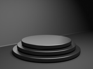 Black stand podium on dark background. Realistic dark platform