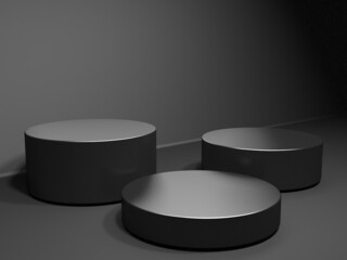 Black stand podium on dark background. Realistic dark platform