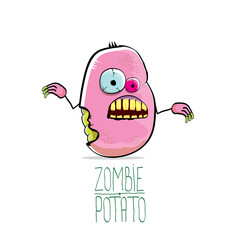 vector funny cartoon cute pink zombie potato character isolated on white background. My name is zombie potato vector concept halloween background. monster vegetable funky character