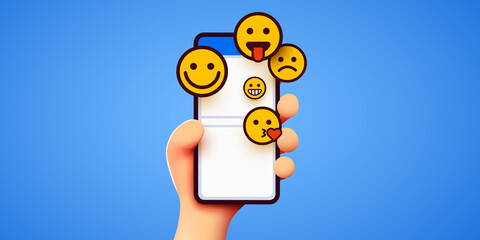 Hand holding phone emoticons. Social media and messenger chatting.