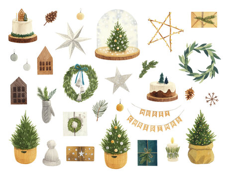 Scandinavian winter elements and Hygge concept design. Set of watercolor elements for Christmas or New Year's decor. Christmas tree, fir branches, candles, stars, wooden houses, gifts. Christmas mood.