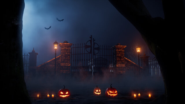 Creepy Halloween Graveyard Gate Scene with Jack O' Lanterns and Candles.