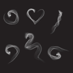 Steam smoke set isolated on black background. Collection for poster, placard, backdrop, wallpaper and card template. Realistic effect. Creative art concept, vector illustration