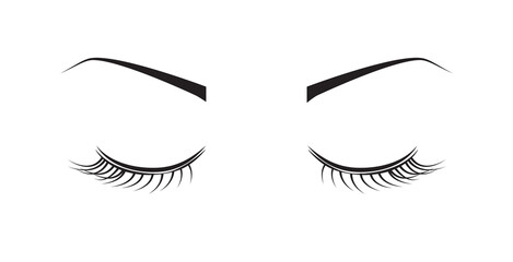 Woman's sexy eyelashes and eyebrows. Closed eyes with black eyelashes isolated on white background. Concept for t shirt, label and beauty salon. Creative art design, vector illustration