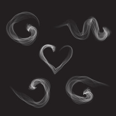 Steam smoke set isolated on black background. Collection for poster, placard, backdrop, wallpaper and card template. Realistic effect. Creative art concept, vector illustration