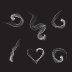 Steam smoke set isolated on black background. Collection for poster, placard, backdrop, wallpaper and card template. Realistic effect. Creative art concept, vector illustration
