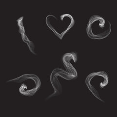 Steam smoke set isolated on black background. Collection for poster, placard, backdrop, wallpaper and card template. Realistic effect. Creative art concept, vector illustration