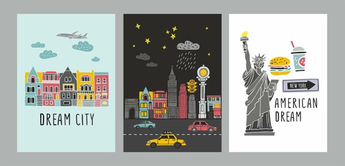 Set of decorative prints with symbols, sights and signs of New York. Collection of backgrounds with urban life, houses, streets, elements for decor, covers, posters. Cartoon vector illustration.