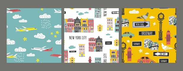 Set of patterns with houses, street elements, symbols of urban life in cartoon style. Collection of kid's backgrounds with airplanes, clouds, cars for fabric, wallpapper. Vector illustration.