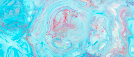 Fluid Art. Abstract liquid paint textured background with decorative spirals and swirls. Liquid pink blue backdrop. Trendy wallpaper
