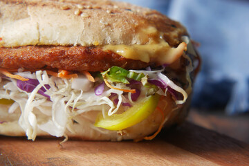  detail shot of club sandwich on wooden table