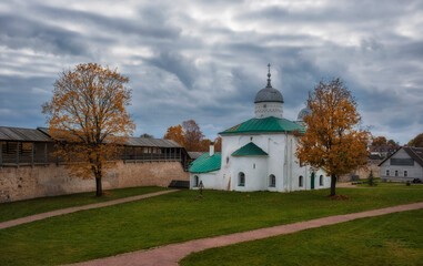 Fototapeta na wymiar inside Ancient fortress and church in the small town of Izborsk, Pskov region of Russia in autumn