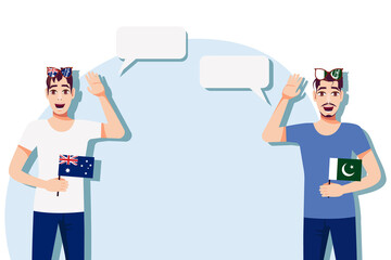 The concept of international communication, sports, education, business between Australia and Pakistan. Men with Australian and Pakistani flags. Vector illustration.