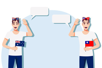 The concept of international communication, sports, education, business between Australia and Taiwan. Men with Australian and Taiwan flags. Vector illustration.