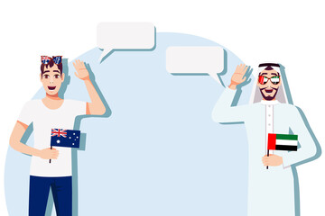 Men with Australian and UAE flags. Background for the text. The concept of sports, political, education, travel and business relations between Australia and the UAE. Vector illustration.
