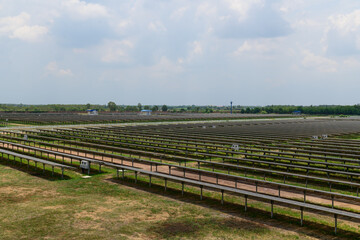 Solar panels are charging outdoors.