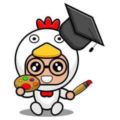 vector illustration cartoon character farm animal mascot costume cute chicken graduation hat and holding painting tool